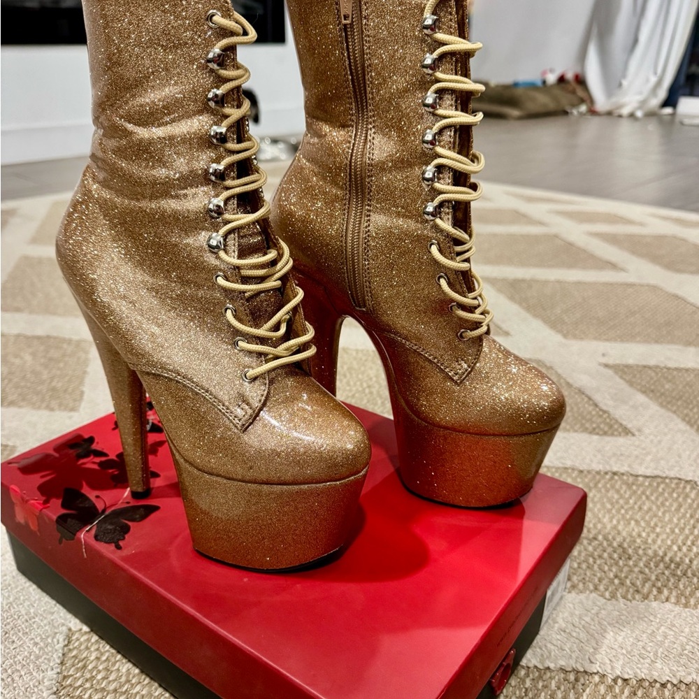 Pleaser Adore 1020GP - Glittering Gold Heeled Boots